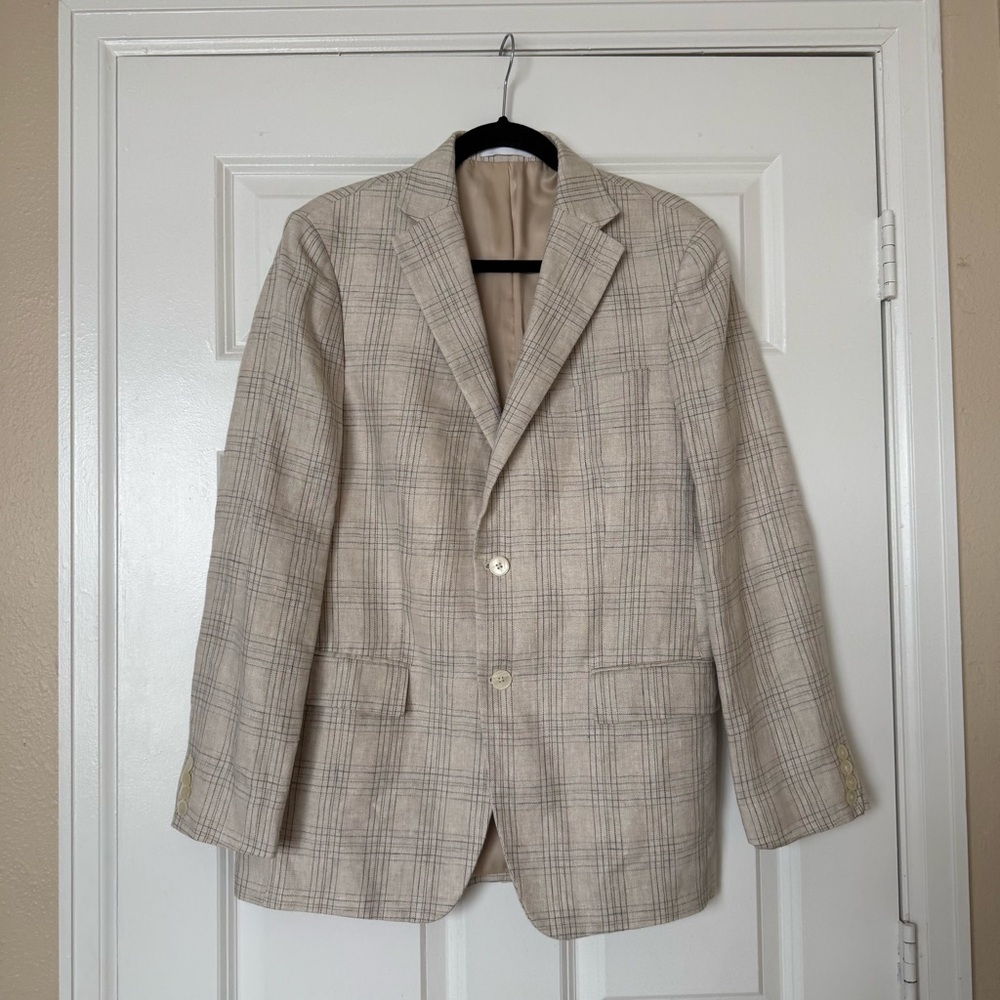 Lauren Ralph Lauren Linen Sport Coats Mens 38R UltraFlex Tan Blue Plaid - Picture 3 of 13